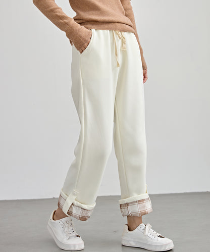 裏起毛 配色 チェック イージー ストレート パンツ