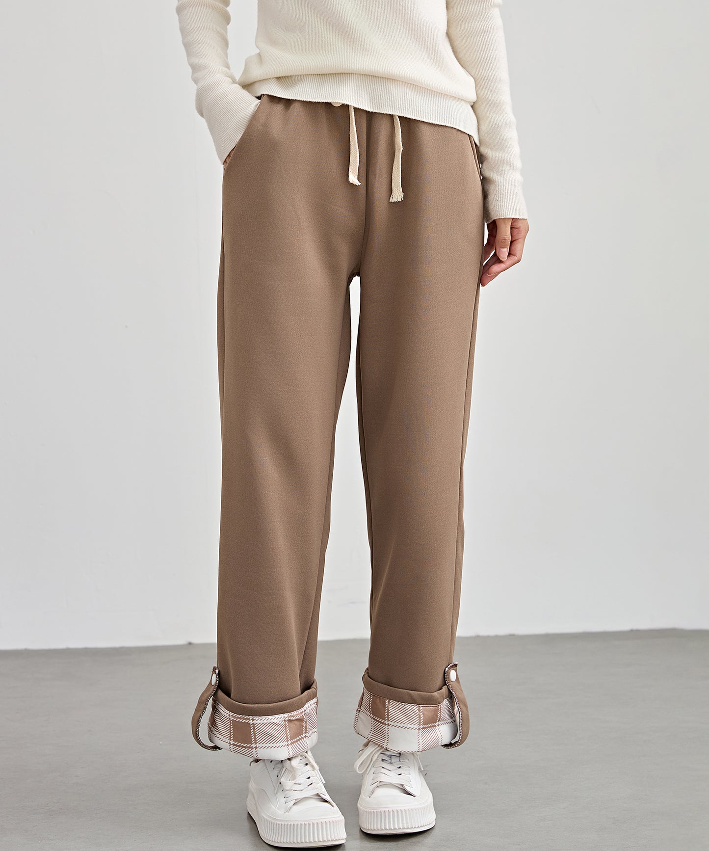 裏起毛 配色 チェック イージー ストレート パンツ