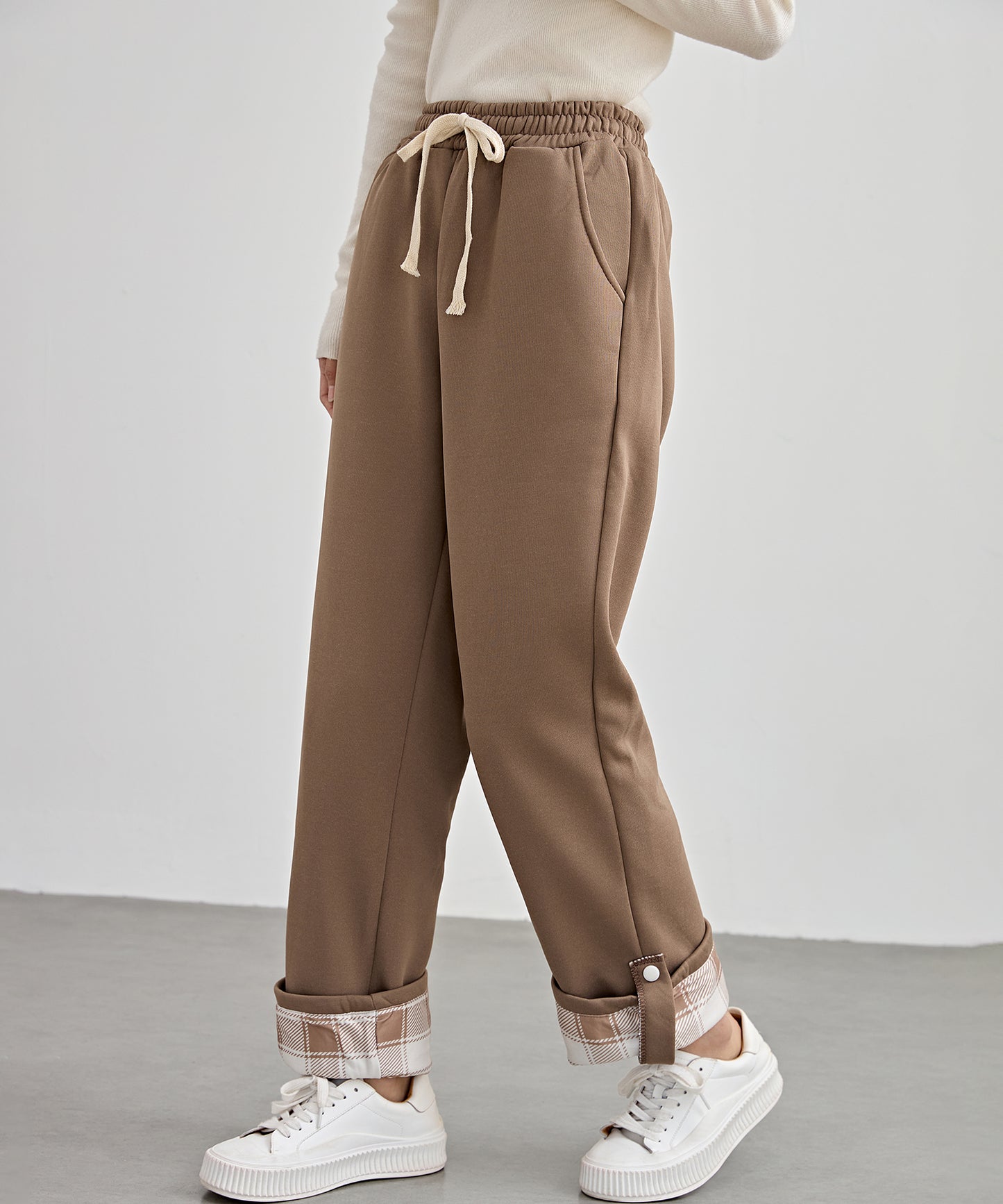 裏起毛 配色 チェック イージー ストレート パンツ