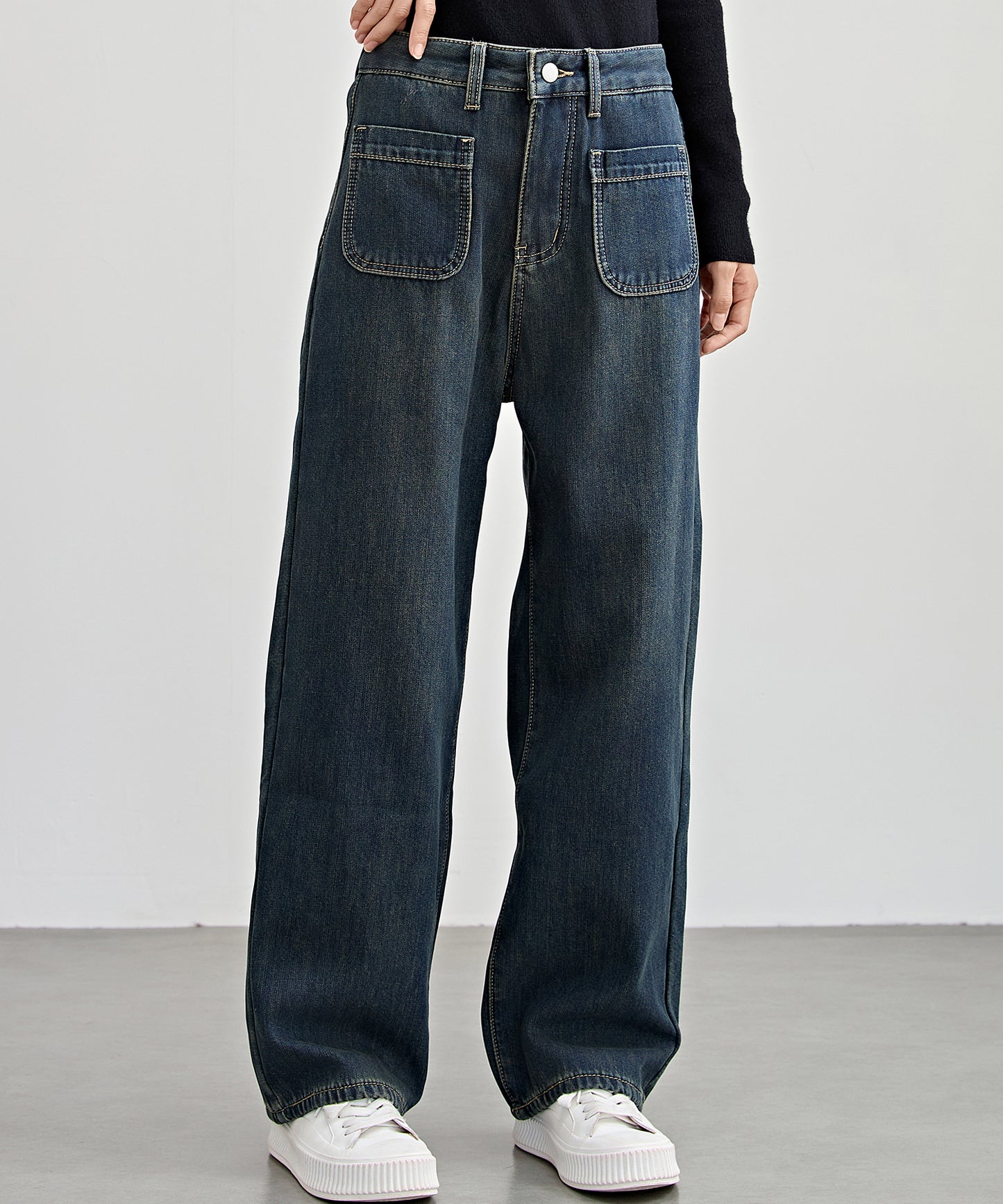パッチポケット付き ハイウエスト ストレート ワイド デニム 裏起毛