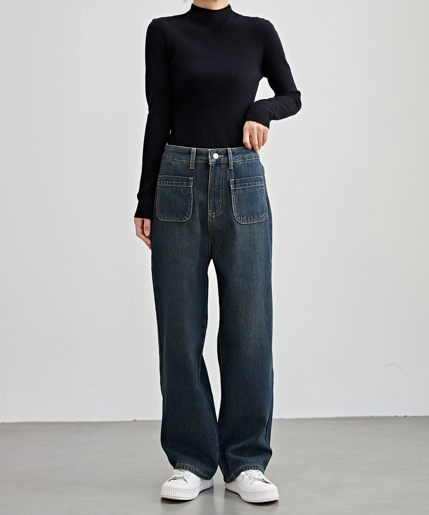 パッチポケット付き ハイウエスト ストレート ワイド デニム 裏起毛