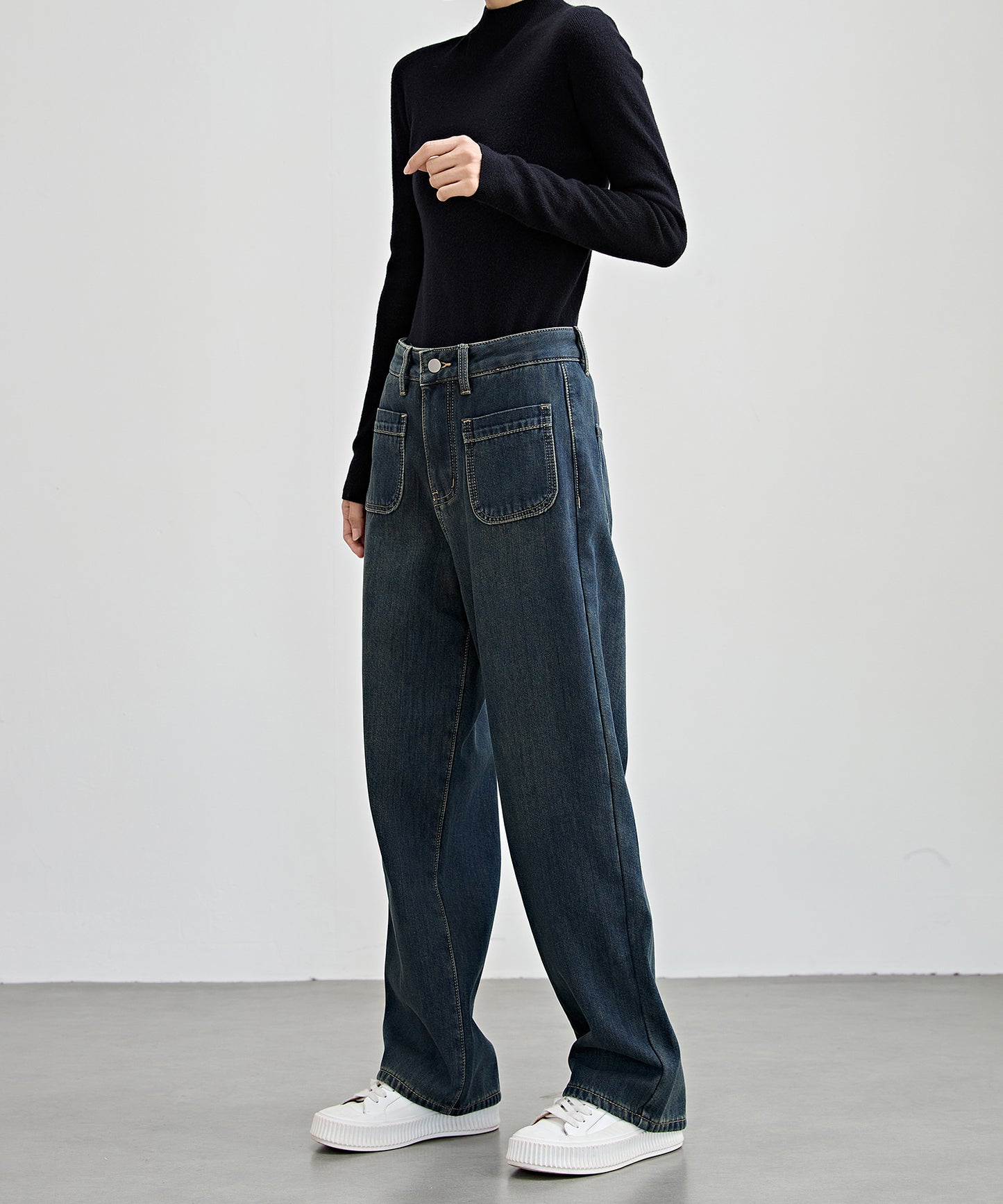 パッチポケット付き ハイウエスト ストレート ワイド デニム 裏起毛