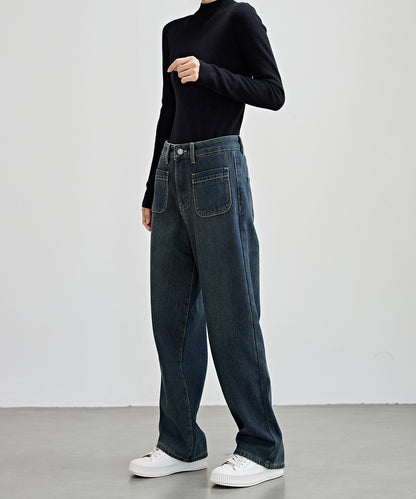 パッチポケット付き ハイウエスト ストレート ワイド デニム 裏起毛