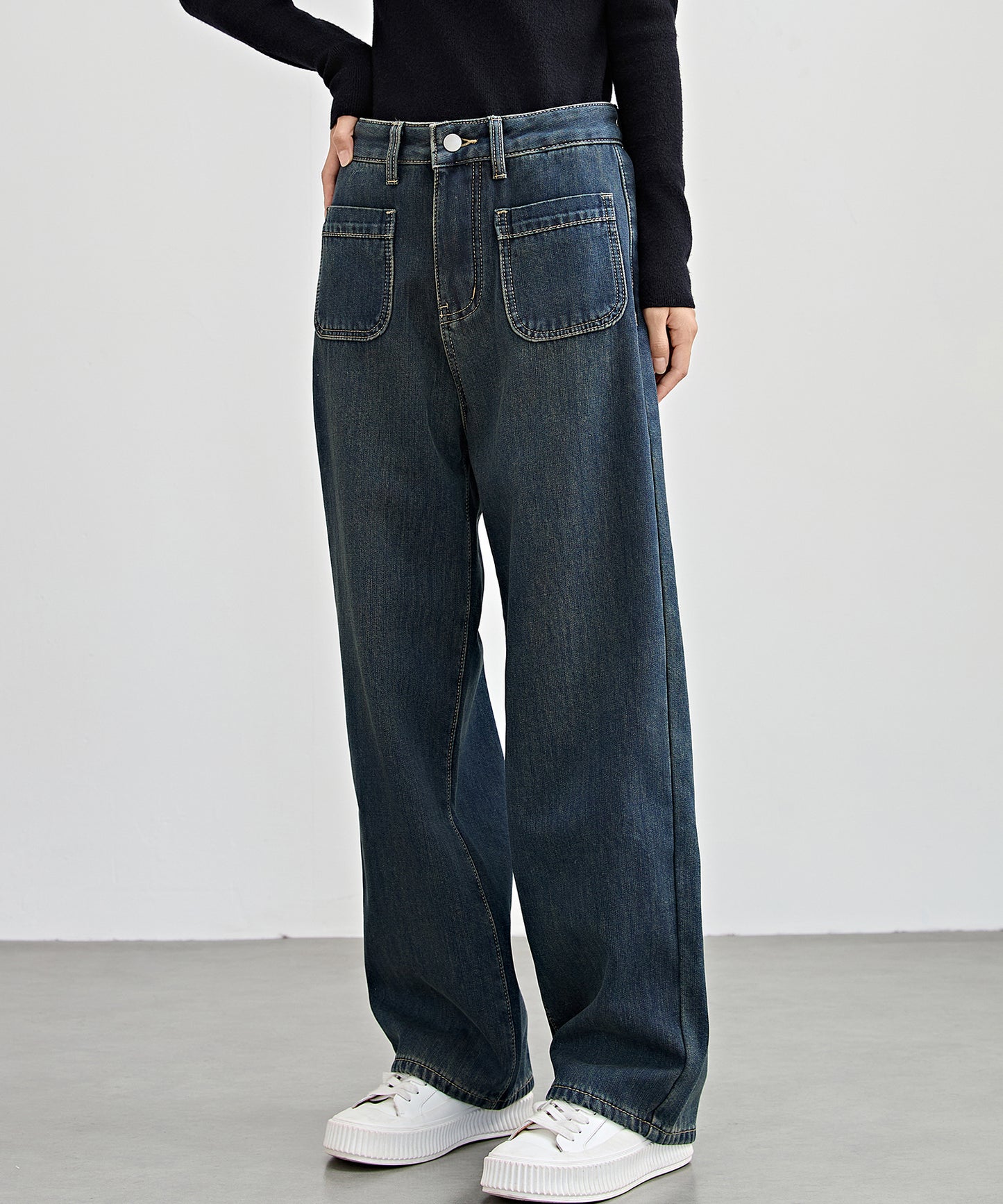 パッチポケット付き ハイウエスト ストレート ワイド デニム 裏起毛