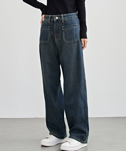 パッチポケット付き ハイウエスト ストレート ワイド デニム 裏起毛