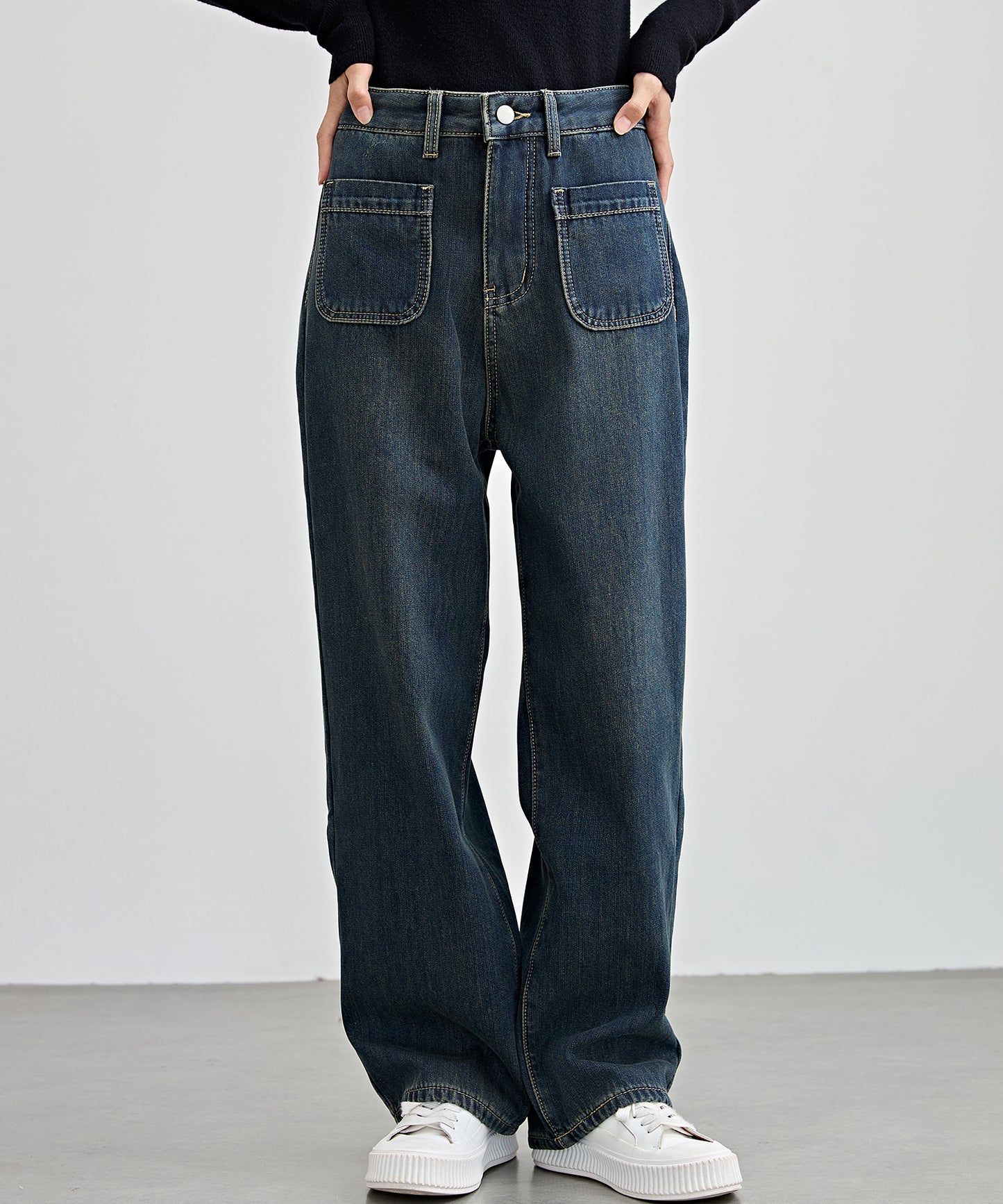 パッチポケット付き ハイウエスト ストレート ワイド デニム 裏起毛