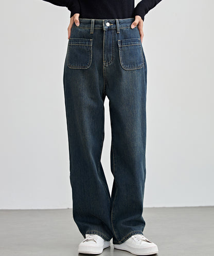 パッチポケット付き ハイウエスト ストレート ワイド デニム 裏起毛