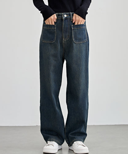 パッチポケット付き ハイウエスト ストレート ワイド デニム 裏起毛