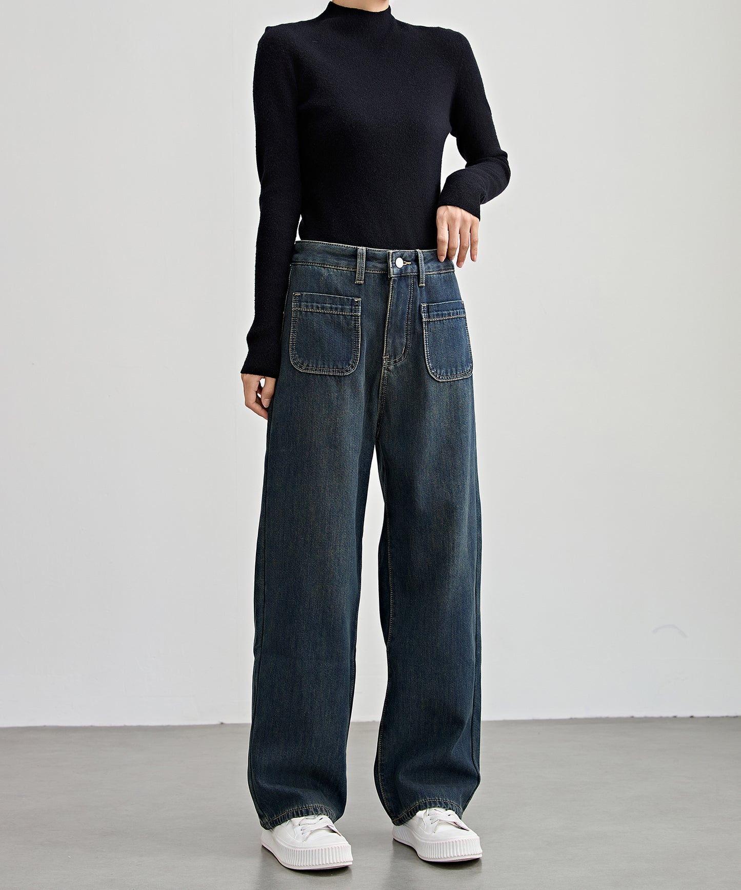 パッチポケット付き ハイウエスト ストレート ワイド デニム 裏起毛