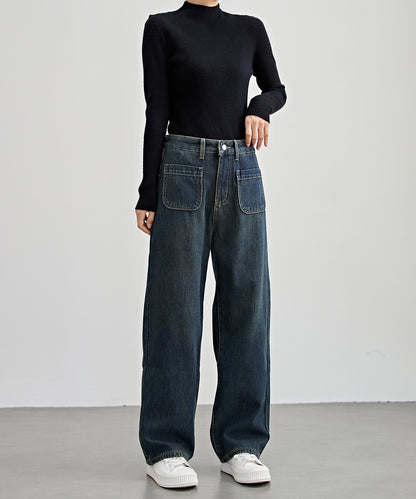 パッチポケット付き ハイウエスト ストレート ワイド デニム 裏起毛