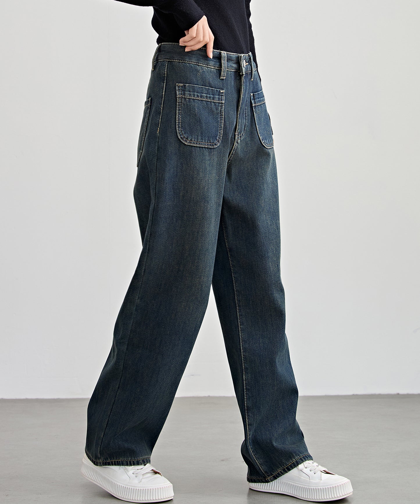 パッチポケット付き ハイウエスト ストレート ワイド デニム 裏起毛