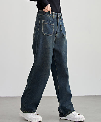 パッチポケット付き ハイウエスト ストレート ワイド デニム 裏起毛