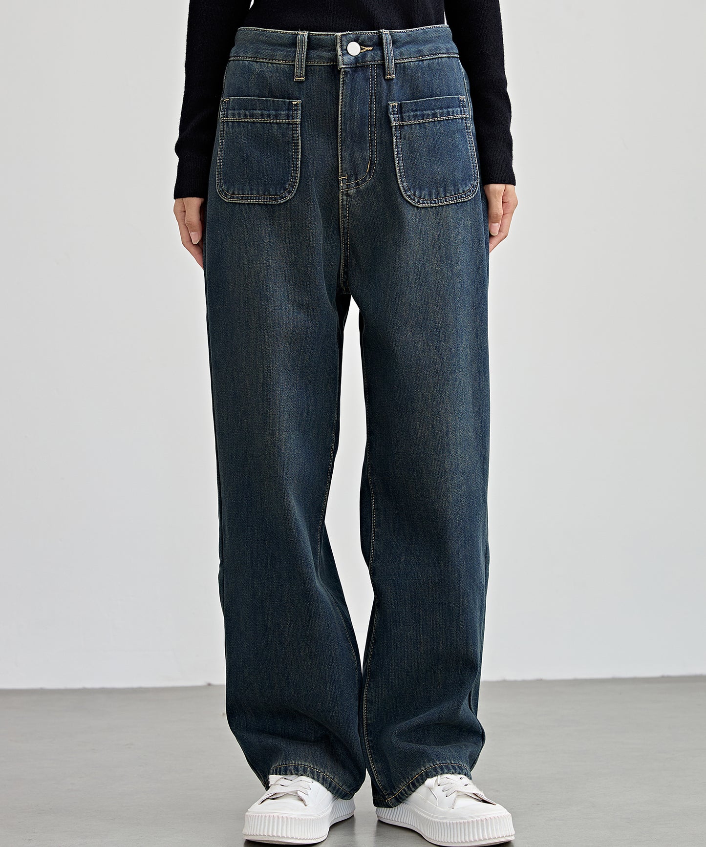 パッチポケット付き ハイウエスト ストレート ワイド デニム 裏起毛