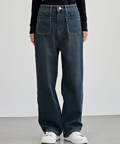 パッチポケット付き ハイウエスト ストレート ワイド デニム 裏起毛