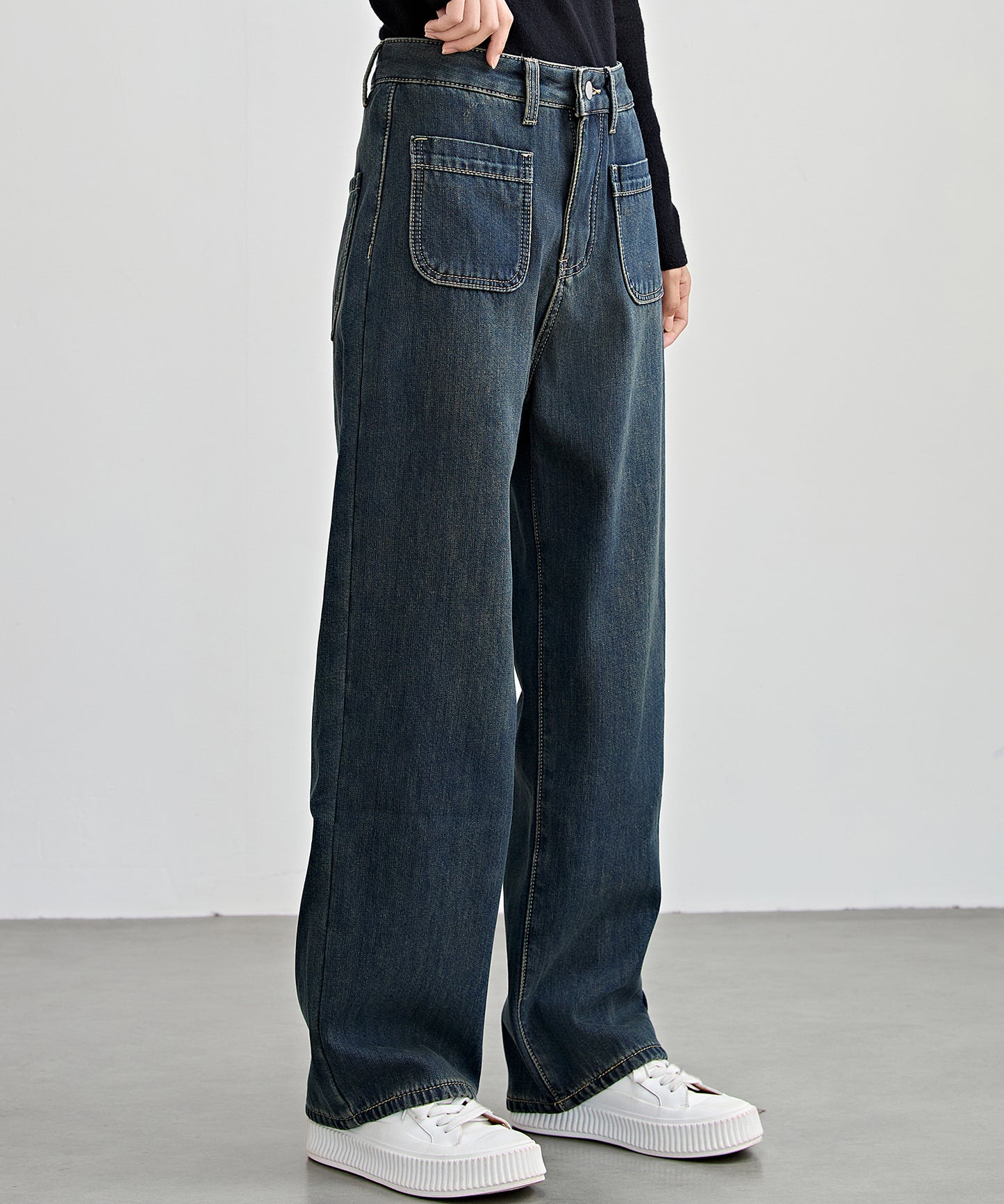 パッチポケット付き ハイウエスト ストレート ワイド デニム 裏起毛