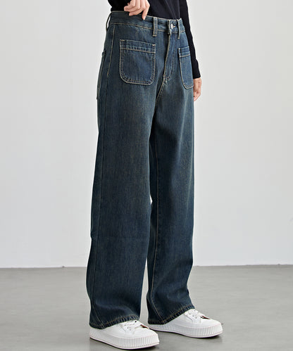 パッチポケット付き ハイウエスト ストレート ワイド デニム 裏起毛