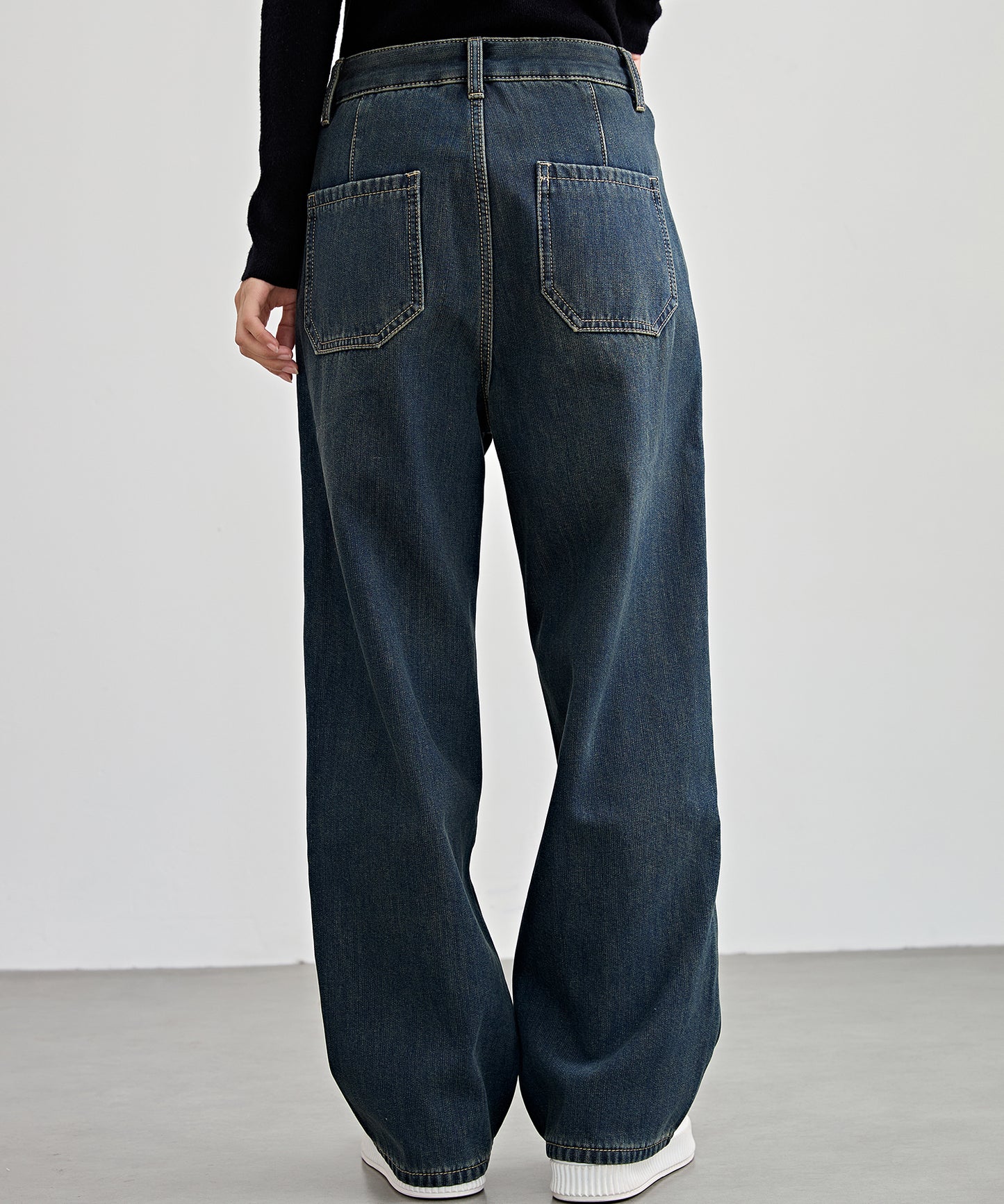 パッチポケット付き ハイウエスト ストレート ワイド デニム 裏起毛