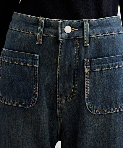 パッチポケット付き ハイウエスト ストレート ワイド デニム 裏起毛