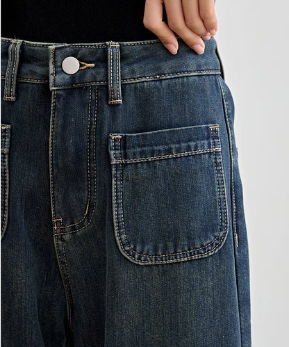 パッチポケット付き ハイウエスト ストレート ワイド デニム 裏起毛