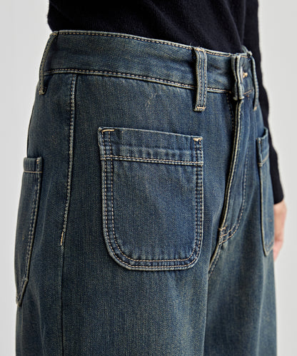 パッチポケット付き ハイウエスト ストレート ワイド デニム 裏起毛
