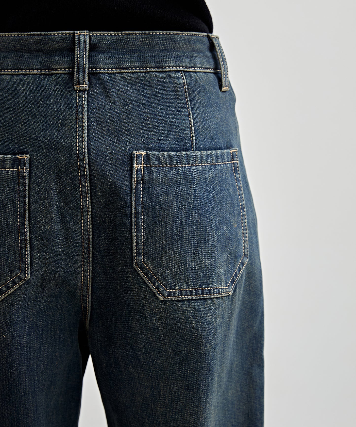 パッチポケット付き ハイウエスト ストレート ワイド デニム 裏起毛