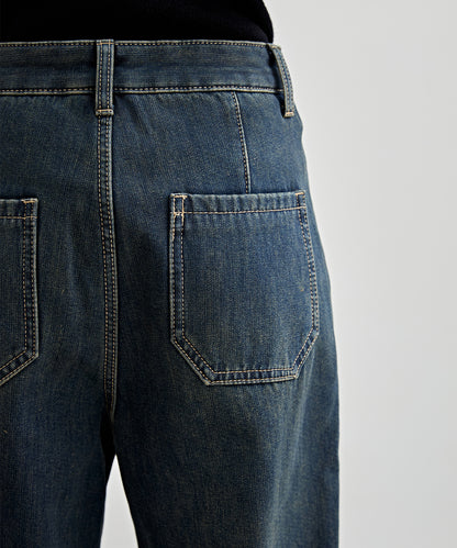 パッチポケット付き ハイウエスト ストレート ワイド デニム 裏起毛