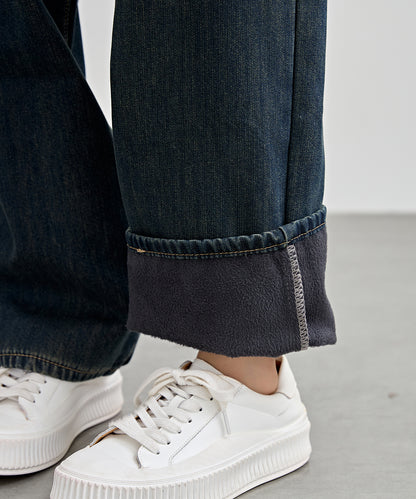 パッチポケット付き ハイウエスト ストレート ワイド デニム 裏起毛