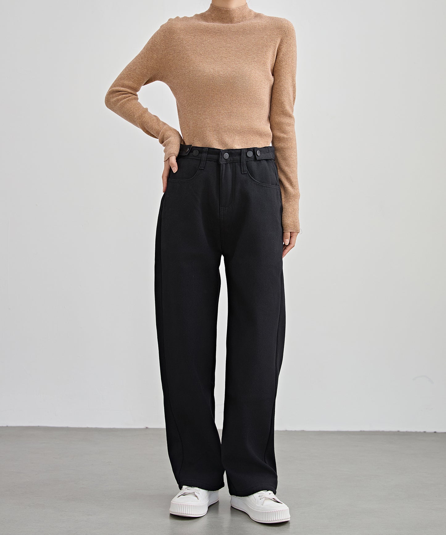 裏起毛 ハイウエスト ストレート デニム パンツ