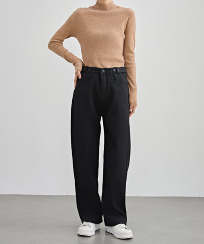 裏起毛 ハイウエスト ストレート デニム パンツ