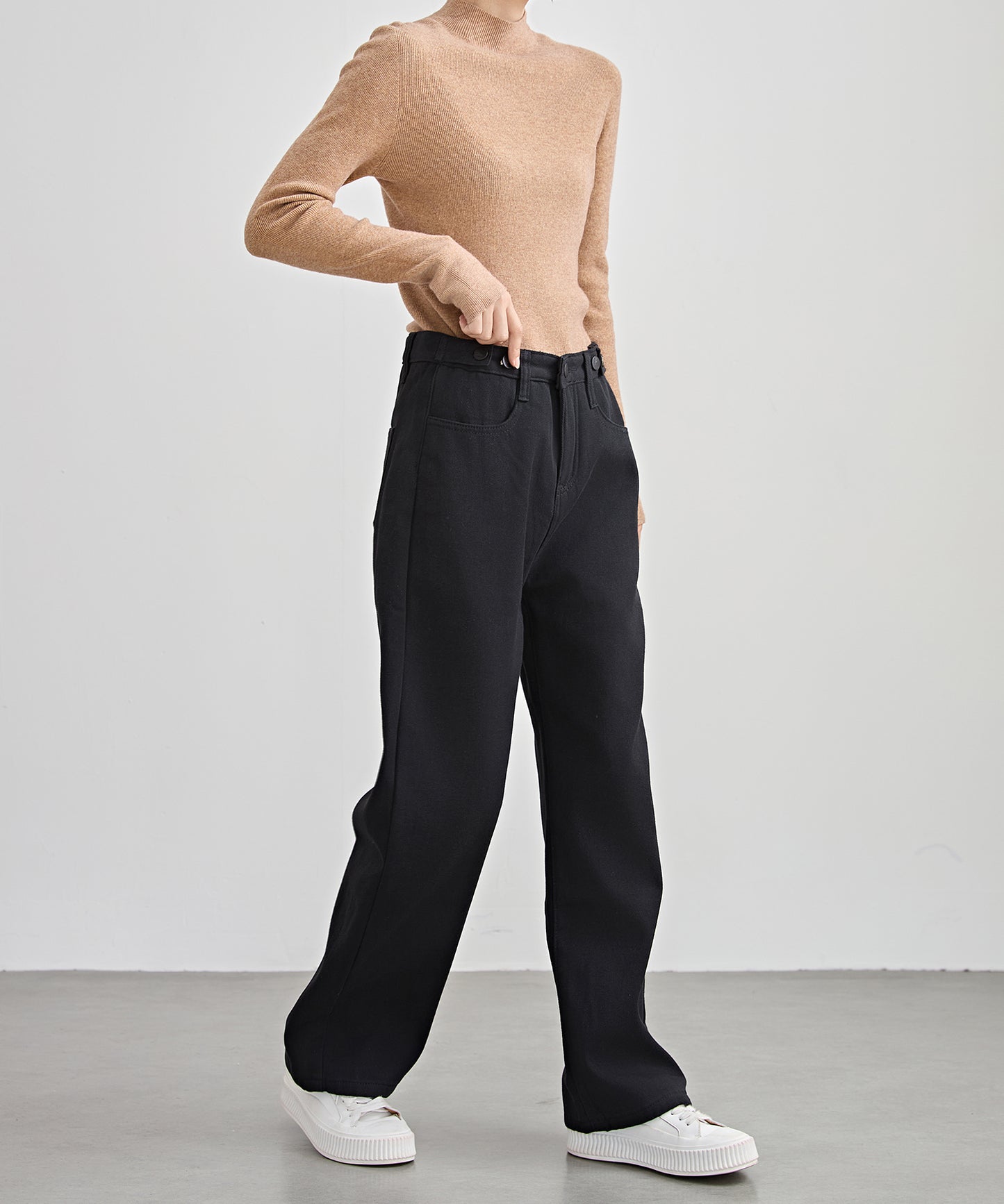 裏起毛 ハイウエスト ストレート デニム パンツ