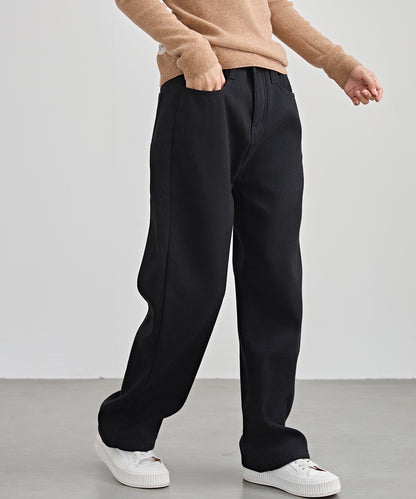 裏起毛 ハイウエスト ストレート デニム パンツ