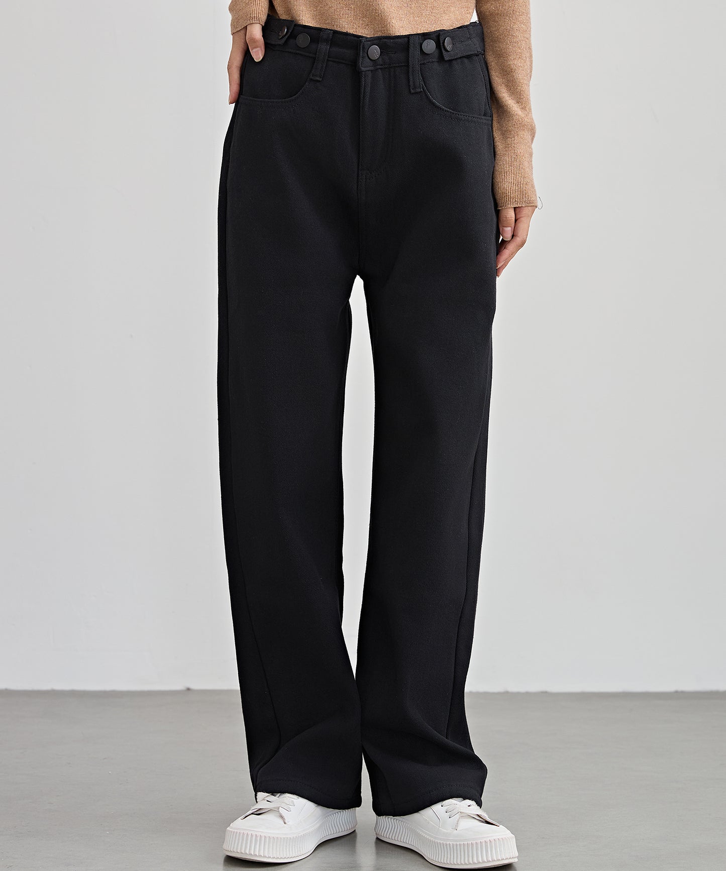 裏起毛 ハイウエスト ストレート デニム パンツ