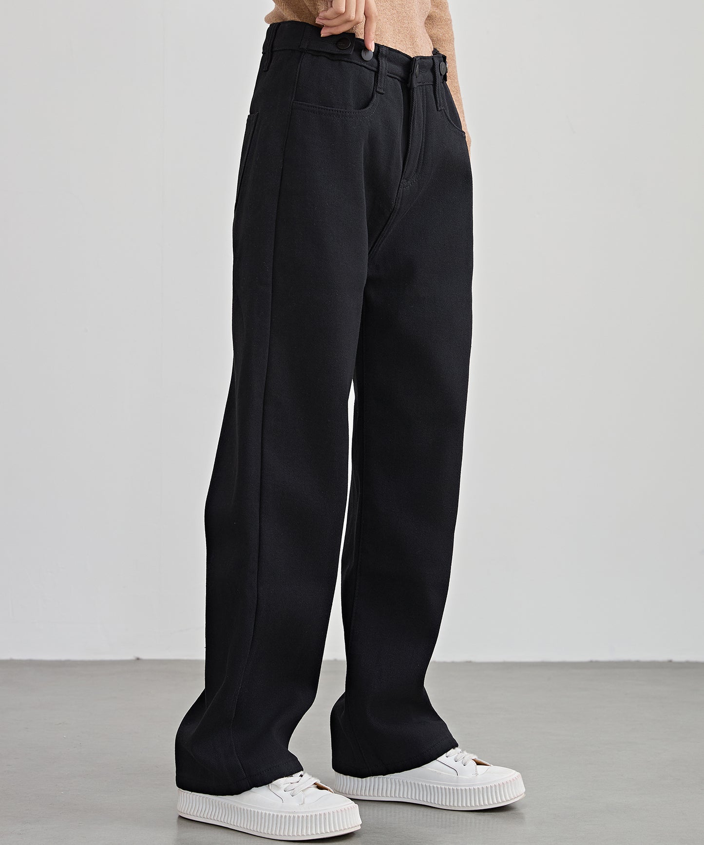 裏起毛 ハイウエスト ストレート デニム パンツ