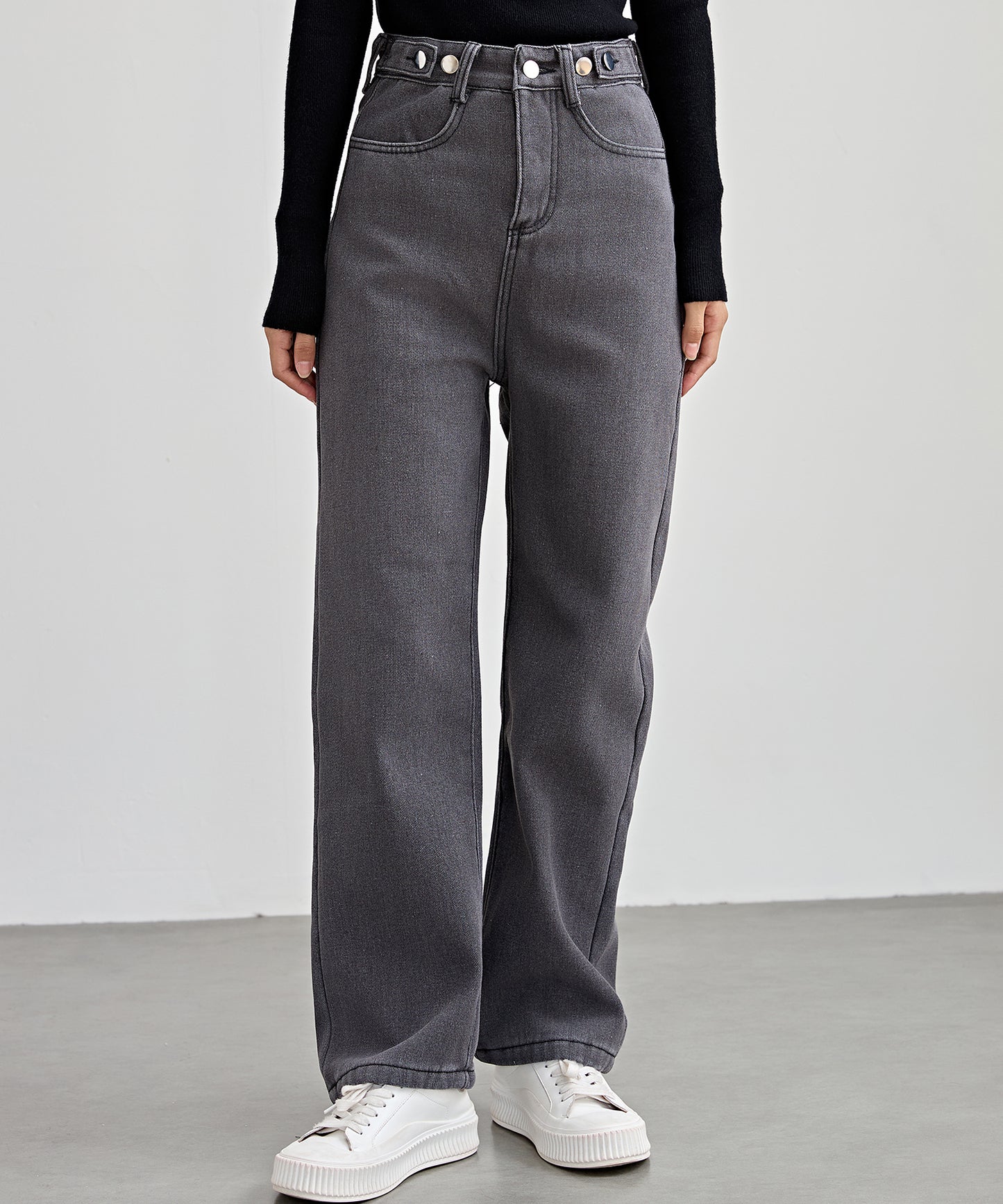 裏起毛 ハイウエスト ストレート デニム パンツ