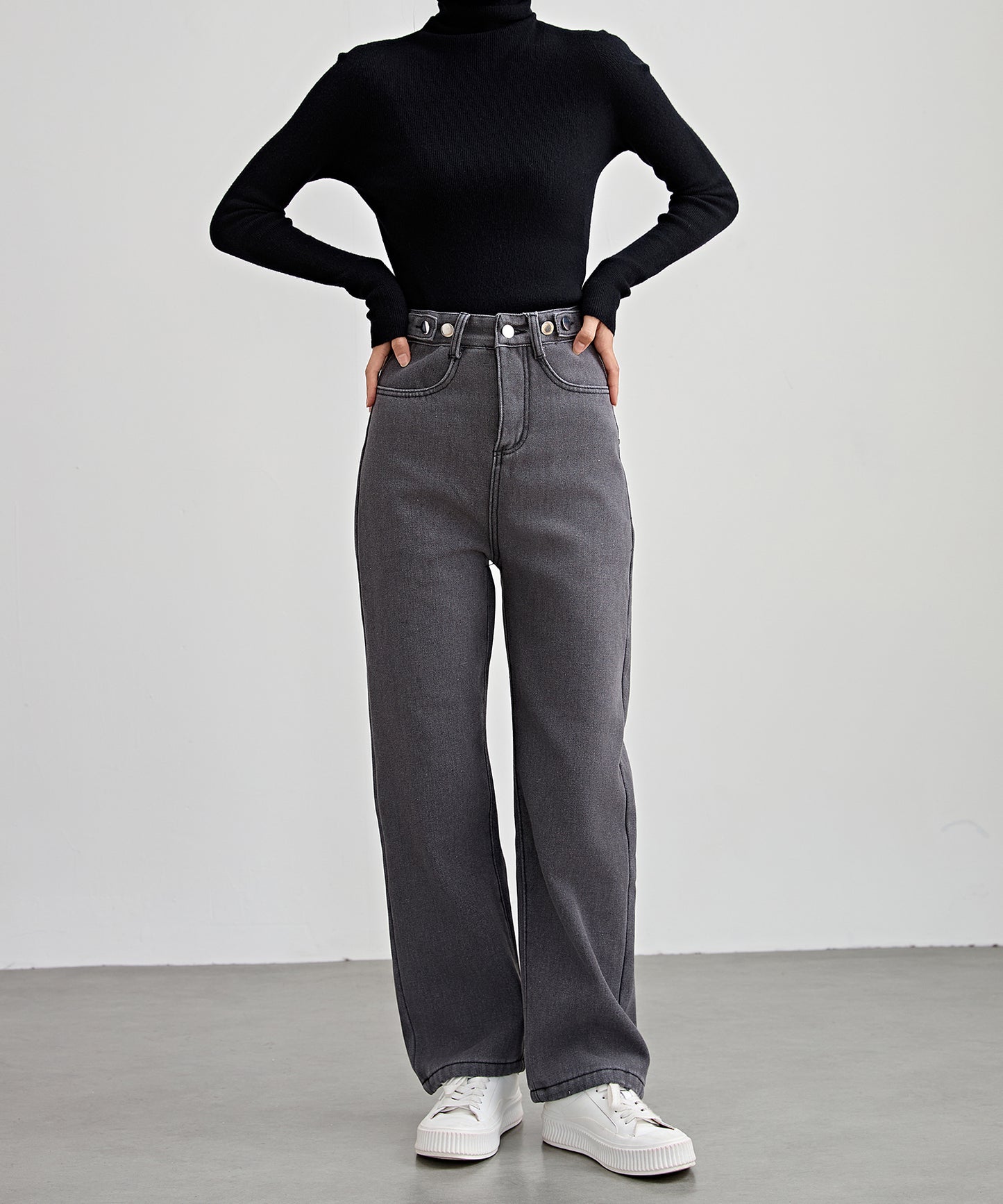 裏起毛 ハイウエスト ストレート デニム パンツ