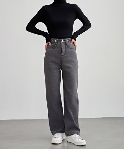 裏起毛 ハイウエスト ストレート デニム パンツ