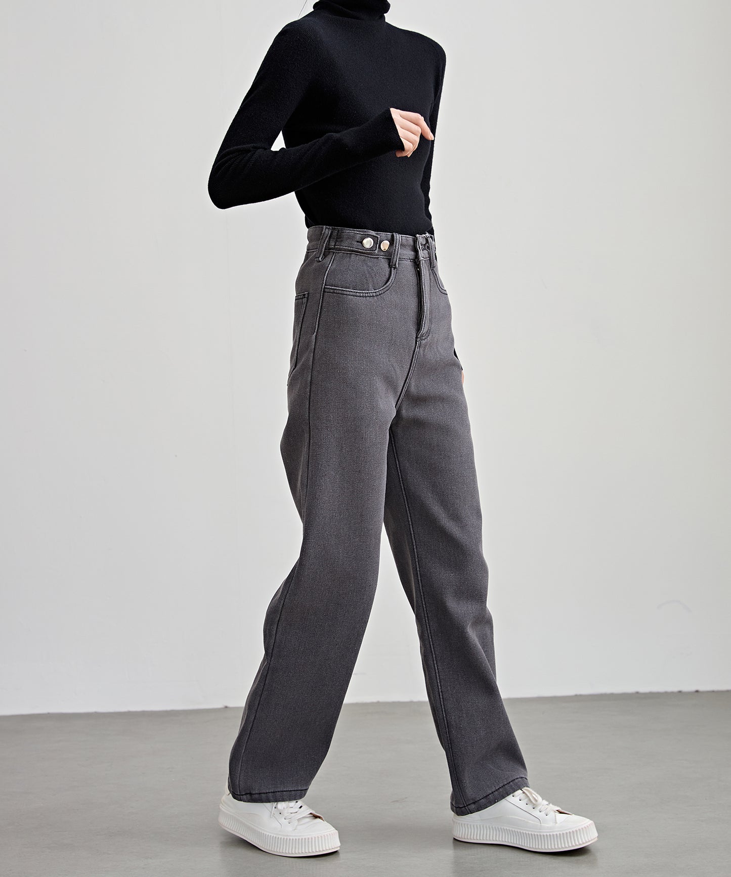 裏起毛 ハイウエスト ストレート デニム パンツ