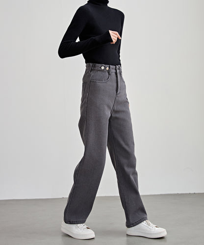 裏起毛 ハイウエスト ストレート デニム パンツ