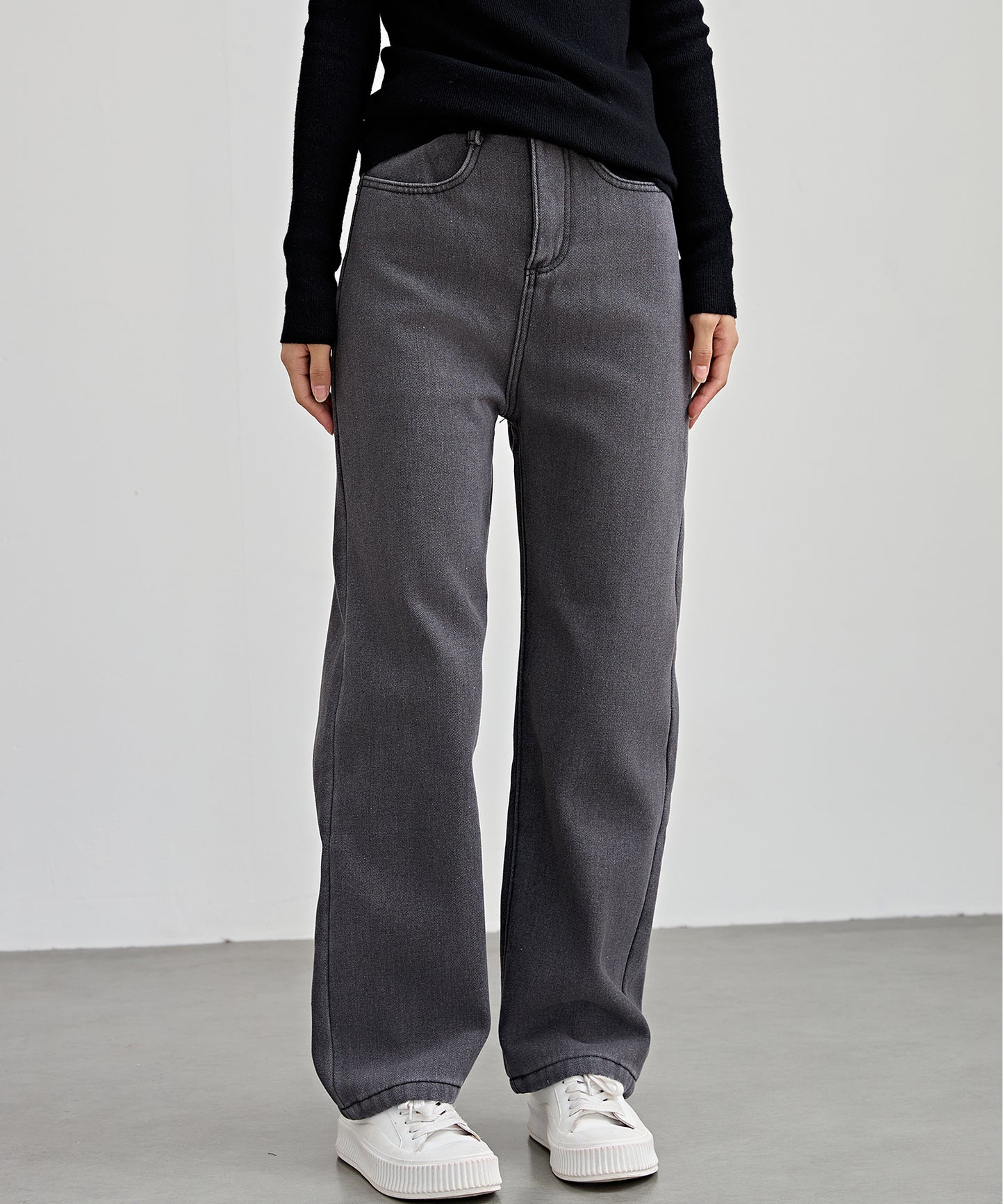 裏起毛 ハイウエスト ストレート デニム パンツ
