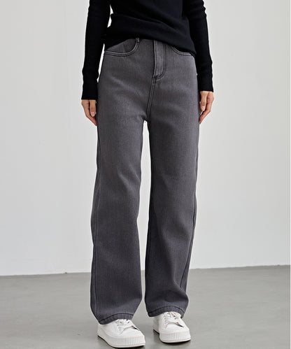 裏起毛 ハイウエスト ストレート デニム パンツ