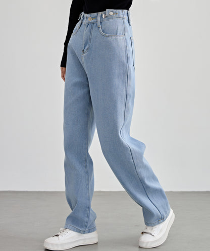 裏起毛 ハイウエスト ストレート デニム パンツ