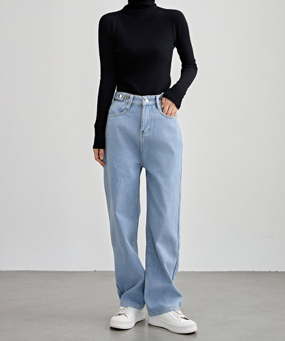 裏起毛 ハイウエスト ストレート デニム パンツ