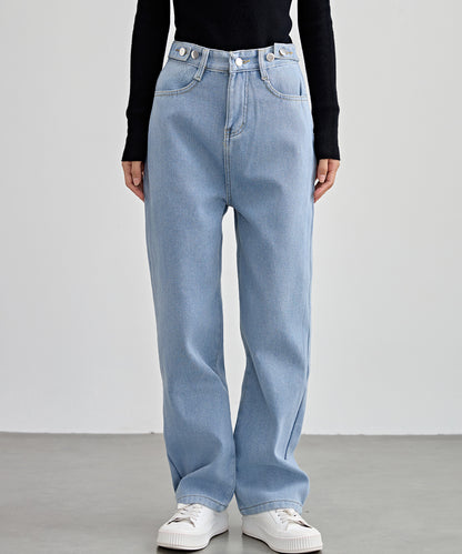 裏起毛 ハイウエスト ストレート デニム パンツ