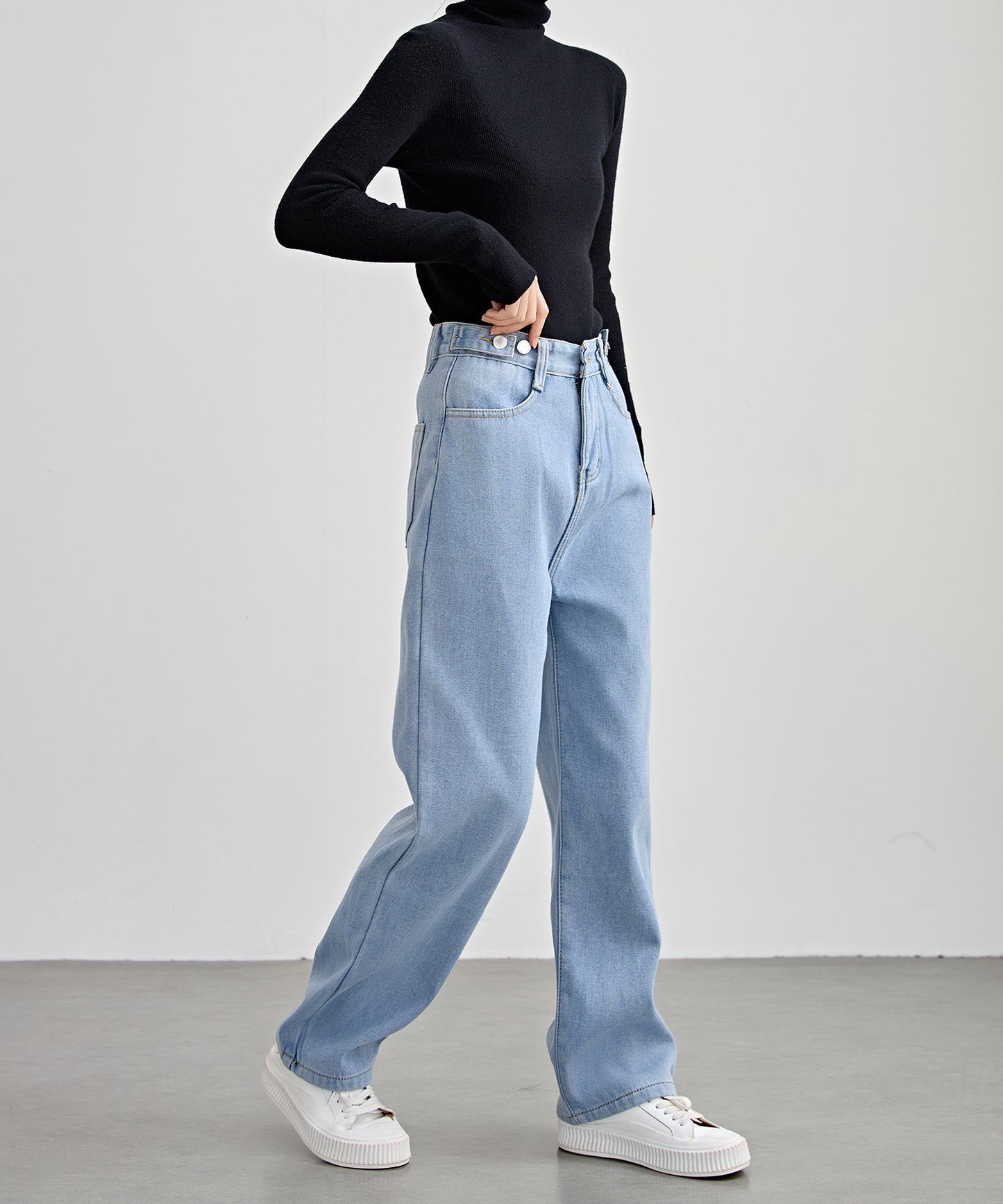 裏起毛 ハイウエスト ストレート デニム パンツ