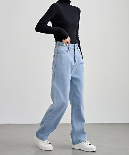 裏起毛 ハイウエスト ストレート デニム パンツ