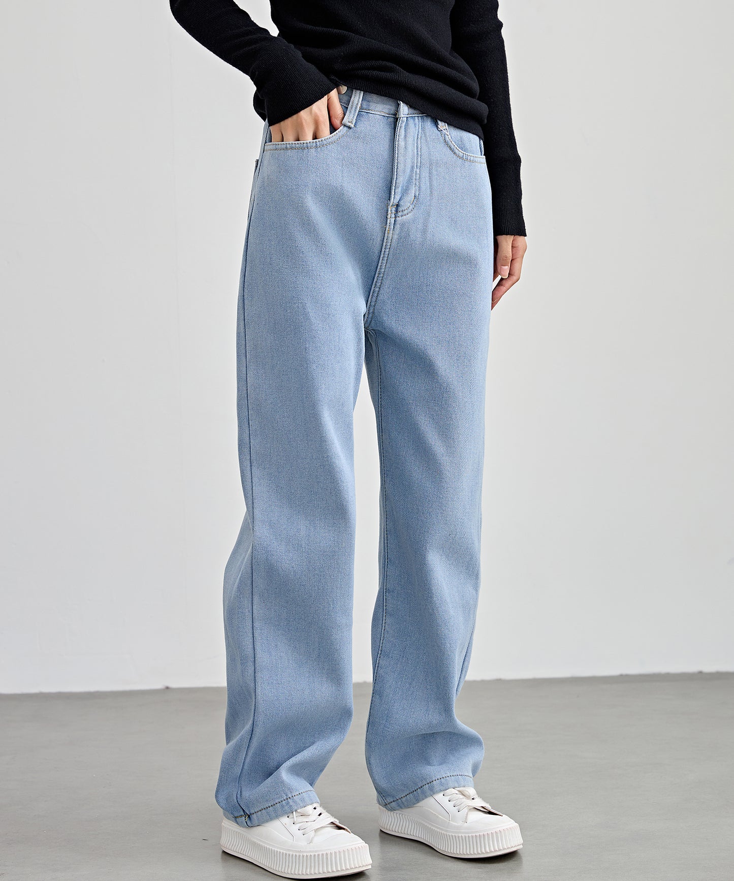 裏起毛 ハイウエスト ストレート デニム パンツ