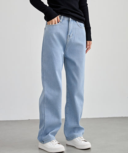 裏起毛 ハイウエスト ストレート デニム パンツ