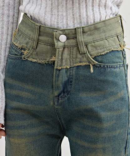 配色 切り替え ハイウエスト フレア デニム パンツ
