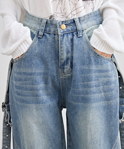 サイドベルト ハイウエスト ワイド デニム パンツ