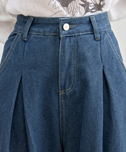 ハイウエスト ワイド タック デニム パンツ
